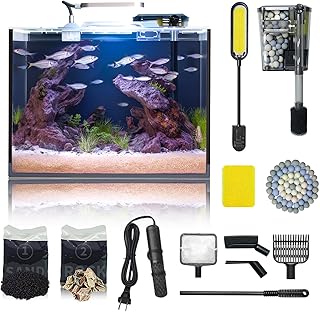 5 Gallon Small Aquarium Set Glass Fish Tank 6 Gallon, Starter Kit with Heater Water Pump Cleaning System Filter Bright Light Rocks Gravel Cleaning Tool, Leak-Proof Clear Rimless Betta Plants