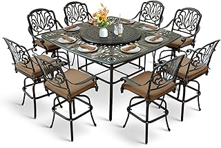 MEETWARM 10-Piece Outdoor Bar Set, All Weather Cast Aluminum Patio Bar Furniture with 8 Cushioned Swivel Bar Stools, Large 64" Square Patio Bar Height Table with Detachable Lazy Susan, Umbrella Hole