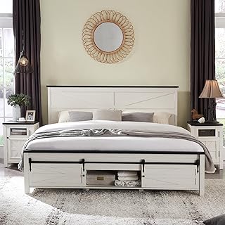 JXQTLINGMU 3 Pieces Farmhouse Bedroom Set-Queen Size Bed with 2 Nightstands of Sliding Barn Door Storage Cabinets, Solid Wood Slats Support, Noiseless, No Box Spring Needed, Off White