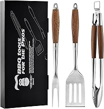 Heavy-Duty ?Dikela Wooden BBQ Grilling Tools Set. Extra Thick Stainless Steel Multi-Function Spatula, Fork & Tongs | Essential Accessories for Barbecue & Grill. Ideal Gift for Father