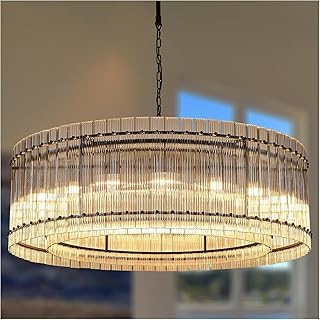 48 inch Modern Black Crystal Chandelier, Two-Layer 18 Head Circular Farmhouse Chandelier, Suitable for high Ceiling Chandeliers in Living Rooms, Dining Rooms, Kitchen Islands, and Halls