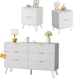 Anbuy Bedroom Sets White Sets 3 Piece, Night Stand Sets and Large 6 Drawer Dresser for Bedroom, Two Drawers Nightstand Set of 2 & 6 Drawer Dresser Combo 3 Pieces (White)