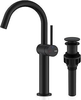 KENES Matte Black Tall Bathroom Vessel Sink Faucet, Single Handle Bathroom Faucet Single Hole, Tall Vanity Faucet with Pop Up Drain and Supply Lines, KE-9005C-2