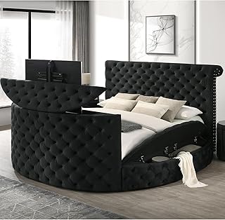 Bed Frame with Fireplace and TV Lift - Circle Bed Frame with Button Tufted, Rolled Headboard & Nailhead Trim and Storage Side Rails, Velvet Sleigh Bed Frame for Bedroom (Black, King)