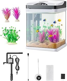 VEVOR Fish Tank Aquarium, 2 Gallon LED Square Ultra-Clear Glass Tank Temperature Monitoring Adjustable 7 Color Lighting, Self Cleaning System Fishbowl for Freshwater & Saltwater Fish Home,Office,Pet