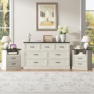 CARPETNAL Farmhouse Dresser and Nightstand Sets for Bedroom, 3 Pcs Bedroom Set, 7 Drawer Dresser & Nightstand Set of 2, Modern Wood Chest of Drawers for Bedroom, Living Room, Entryway, White