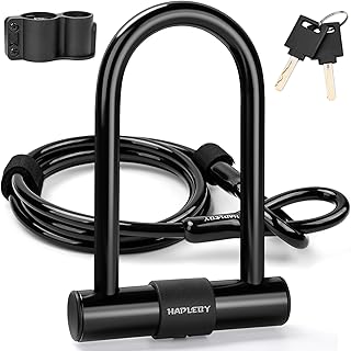 Hapleby Premium Bike Lock Set with 2 Keys, Bike U-Lock with 6 Feet Thickened Solid Steel Cable, Heavy Duty Anti Theft Bicycle U-Lock with Mounting Bracket for Road, Mountain, Folding Bike and Scooter