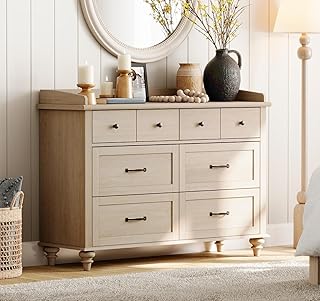 WAMPAT Beige Dresser for Bedroom with 6 Drawers, Farmhouse Kids Dressers with Wide Chest of Drawers, Light Wood Closet Storage Organizer, Baby Dresser for Living Room, Nursery
