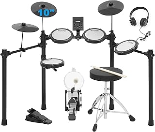 Electric Drum Set with Kick Hammer Pedal, Electronic Drum Kit for Kids Adult Beginner with 150 Sounds, 10" Cymbals, 4 Quiet Mesh Pads, all-in-one drum set with Throne, Headphones, Sticks