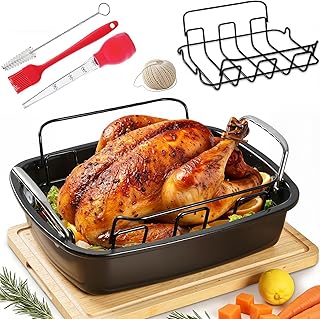 Large Nonstick Roasting Pan Kit with Rack (17x13 Inch) - Includes Baster, Pastry Brush & Twine for Turkey, Chicken, Ham - Even Heating, Easy Clean, Dark Grey