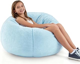 Modern Soft Fluffy Bean Bag Chair With Faux Rabbit Fur Cover, Memory Foam Bean Bag Chairs For Kids Teens, Furry Fuzzy Faux Fur Fabric Beanbag, Round Rainbow Plush Sofa For Bedroom, Living Room, Dorm