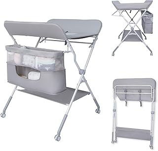 Gentle Monster Baby Folding Portable Changing Table, 4-Level Adjustable Height Diaper Changing Station Table for Nursery with Safety Belt, Double Storage Bag, Headrests & Diaper Pad