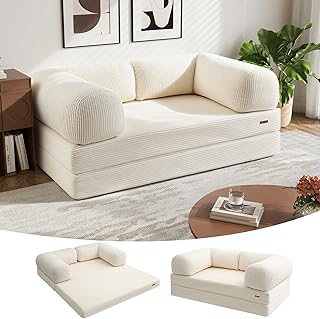 COMAX Folding Sofa Bed Queen, 4-in-1 Foldable Floor Couch Convertible Futon Sofa with Armrests Sleeper Mattress Chair Bed Comfy Portable Fold Out Lounge Guest for Living Room Bedroom, Beige