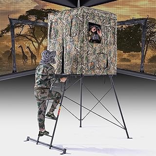 5FT Hunting Stand with 360 Degree See Through Blind, 1-2 Person 4' x 4' Platform, Camouflage Elevated Hunting Tower Tripod Deer Stand