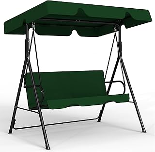 Outdoor Patio Swing Chair with Adjustable Canopy, Outdoor Patio Glider Swing with Heavy Duty Stand for 3 Adult Persons, Ideal for Deck, Lawn, Backyard, or Porch, Green