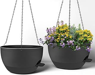 2 Pack 12 Inch Large Hanging Planters with Chains Self Watering Black Plastic Hanging Pots for Indoor Outdoor Plants, Garden Porch Home Decor?Black