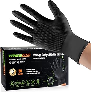 TREEGO Black Nitrile Gloves 10 Mil, Heavy Duty Disposable Latex Free – Textured Grip for Automotive, Mechanic, Industrial- XLarge