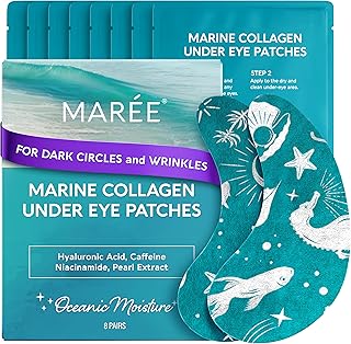 MAREE Hydrating Under Eye Patches for Puffy Eyes and Dark Circles – Marine Collagen & Caffeine Eye Patches – Brightening Eye Patche with Niacinamide – Depuffing Eye Mask for Dark Circles and Puffiness