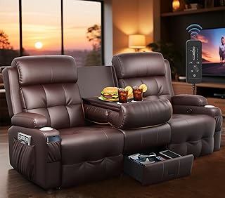 3-Seater Loveseat Recliner Sofa, Home Theater Seating Reclining Couch with Flip Middle Backrest, RV Wall Hugger Sleeper Sofa with Massage, Dawer & Cup Holders, 150° Recline for RV & Living Room