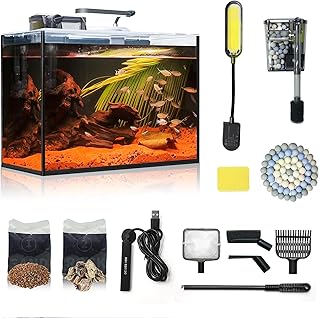 Small Aquarium Set Glass 2.6 Gallon Fish Tank, Starter Kit with Heater Self Cleaning System Efficiency Filter Bright Light Rocks Gravel Cleaning Tool, Leak-Proof Ultra-Clear Rimless Desktop Betta Tank