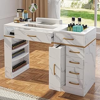 Manicure Table Nail Desk w/Electric Dust Collector, Glass Top Versatile Manicure Station for Nail Tech, Includes Wrist Cushion, Storage Cabinet & Drawers, Shelves, for Salon & Home, White