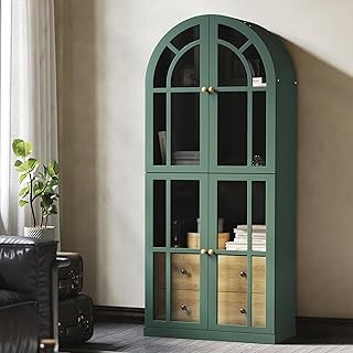 HLR Arched Bookcase,71’’Tall Arched Cabinet with Glass Door Drawers and Shelves, Kichen China Pantry for Living Room,Dining Room (Green)