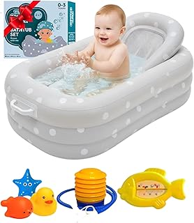 Inflatable Baby Bathtub Complete Set – Portable Non-Slip Baby Bath Tub with Newborn Cushion, Floating Thermometer, 3 Bath Toys & Air Pump, Safe Bath for Boys & Girls Age 0–3 Years