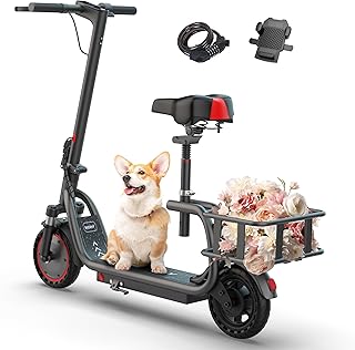 WERHY Electric Scooter with Seat & Basket, 350W Motor, 8.5' Solid Tires, Top Speed 19mph, Max 16/28 Miles Ranges, Foldable E-Scooter with Suspension, Digital Display for Adults and Teens