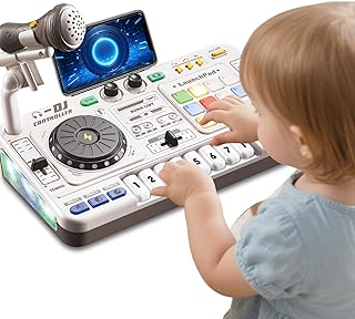 Kids DJ Mixer Controller Table Musical Toy Electronic Toy with LED Lights Sound Effect Microphone Piano DJ Board Key Musical Instruments Birthday Gift Toys for 3 4 5 6 Year Old Boy Girl