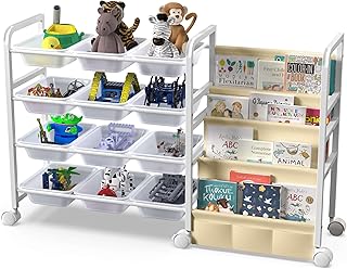 2025 Toy Storage Organizer with Bookshelf - 12 Storage Bins & Fabric Book Sling – Kids Toy Organizer and Bookshelf on Wheels for Kids Room, Playroom, Nursery, or Classroom