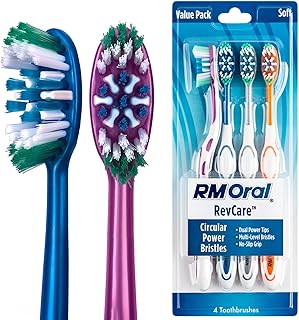 RM Oral RevCare Soft Toothbrush, Circular Power Bristles Power Away Plaque, Tongue & Cheek Cleaner Fights Bad Breath, 4 Count