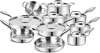 EWFEN Stainless Steel Cookware Set, 3 Ply 17 Piece Stainless Steel Pot and Pan Set, Oven Dishwasher Safe | Induction Compatible Frying Pans, Saucepans, Saute Pan & Stock Pot, PFOA, PTFE & PFOS Free