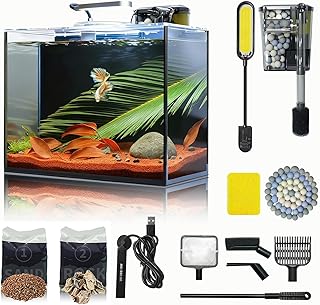 3 Gallon Small Aquarium Set Glass Fish Tank, Starter Kit with Heater Water Pump Cleaning System Filter Bright Light Rocks Gravel Cleaning Tool, Leak-Proof Clear Rimless Desktop Spaces Saving Betta