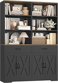 HOSTACK 69" Tall Book Shelf and Bookcase, Wooden Bookcase with Doors, Large Bookshelf with Drawers, Farmhouse Book Case with Storage Cabinet, Bookshelves with Display Shelves for Home Office, Black