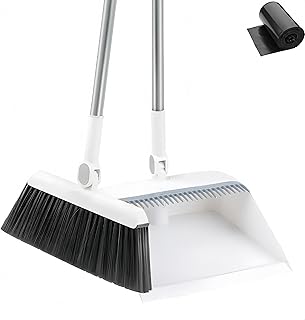 2-in-1 Sweeping Broom and Dustpan Combo Set-with Garbage Bags - Long Handle Brush with Upright Stand for Home, Office, School Accessory for Kitchen, Dorms, Bathroom- Cleaning Tool Kit (White)