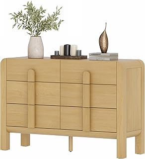 WAMPAT 47.2“ Wide Baby Dresser for Bedroom, Modern 6 Drawer Double Dresser with Deep Drawers, Wood Chest of Drawers with Curved Handle for Kids Room, Nursery, Oak
