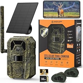MagicEagle® Trail Camera 4G Cellular Trail Cameras 2K Audible Video 0.3s Trigger No-Glow IR Night Vision IP66 Hunting Essentials with 32GB Memory Card 13,000 mAh Battery Solar Panel Anti-Theft Tech