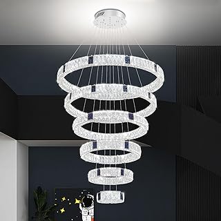 Extra Large 6 Ring Chandelier Adjustable Modern LED Silver Crystal Pendant Lighting, High Ceiling Chandelier for Foyer Staircase D7.9''+15.7''+23.6''+32''+40''+48"