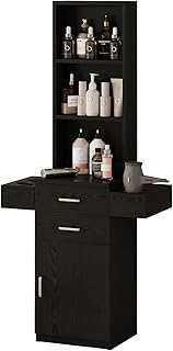 4ever2buy Salon Station for Hair Stylist, Salon Station with Barber Cabinet, Hair Station Equipment Hair Dryer Holder, Drawers, Storage Cabinet for Hair Styling, Black
