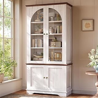 SEDETA 71" Farmhouse Arched Cabinet with Glass Doors, Tall Bookcase with Storage Cabinet, 4-Tier Wooden Pantry Storage Cabinet with Adjustable Shelves for Home Office, Living Room, Kitchen, White
