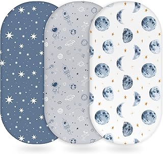 Baby Bassinet Sheets Girl Boy, Fitted Bassinet Sheet Set 3 Pack Bassinet Mattress Sheets Universal Fit for Rectangle, Round, Oval, Hourglass Mattress, Soft Breathable Grey & Blue Moon