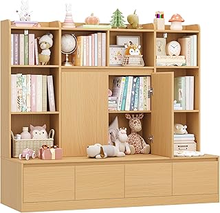 HIFIT 4-In-1 Kids Bookshelf and Toy Storage Organizer with Bench, 10-Cubes Kids Bookcase w/Reading Nook & 4 Sliding-Drawers & 2 Doors, Toy Chest Storage Cabinet for Playroom, Nursery,Classroom,Natural