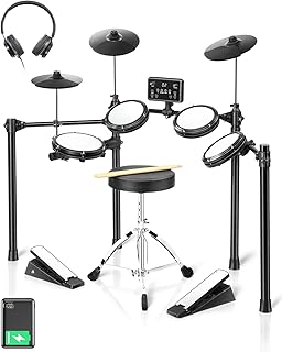 Ktaxon Electronic Drum Set with Silent Mesh Drum Pads,Cymbals, Type-C Charging, USB MIDI, Intuitive Control Panel, Low-noise Pedal, Headphones, Sticks and Velcro, Electric Drum Set for Adults(Compact)