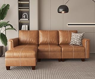 SITJOY Faux Leather 4 Seat L Shape Modular Sofa with Storage Ottoman, L Shaped Sectional Couches for Living Room, 92 inch Width, Brown
