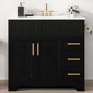 IRONCK 36" Bathroom Vanity with Sink, Freestanding Bathroom Vanity with Undermount Ceramic Sink, 2 Drawers & 2 Soft-Close Doors with Bottle Racks, Modern Wave-Pattern Fluted Design, Black