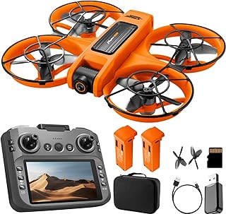 RC Drone With Screen On Controller (4.92in), UHD Dual Camera, Brushless Motor, Optical Flow Hovering, 360° Propeller Guard, 6-Axis Gyro, Headless Mode, One-Key Takeoff/Landing, 3-Speed Adjustable, 50X Zoom, Gesture Control, Trajectory Flight, Night L